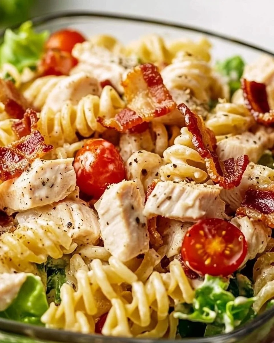 High Protein BLT Pasta Salad featuring bacon, lettuce, and tomatoes.