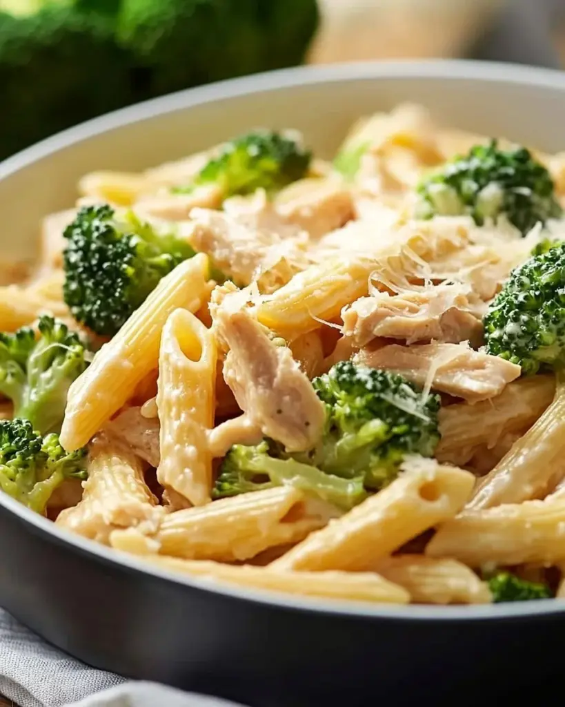 High Protein Rotisserie Chicken Broccoli Pasta dish served in a bowl