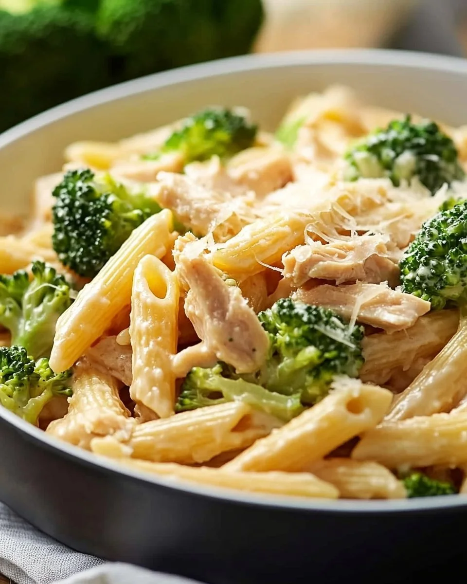 High Protein Rotisserie Chicken Broccoli Pasta dish served in a bowl