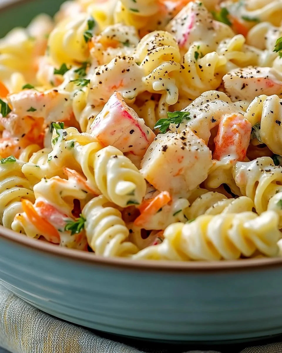 Delicious homemade crab pasta salad with ranch dressing served in a bowl