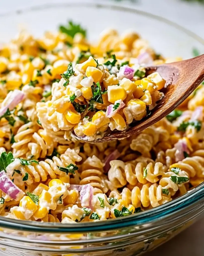 High protein elote pasta salad topped with fresh corn and spices