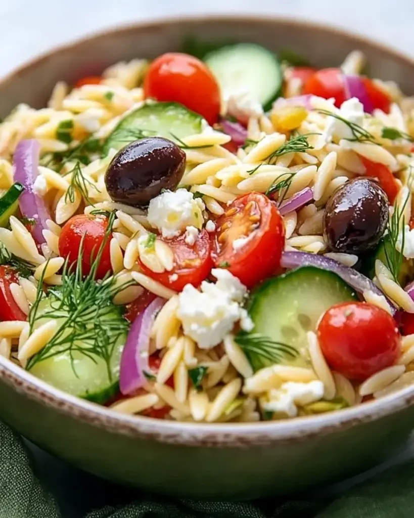 Juicy Mediterranean Orzo Pasta Salad with fresh vegetables and herbs