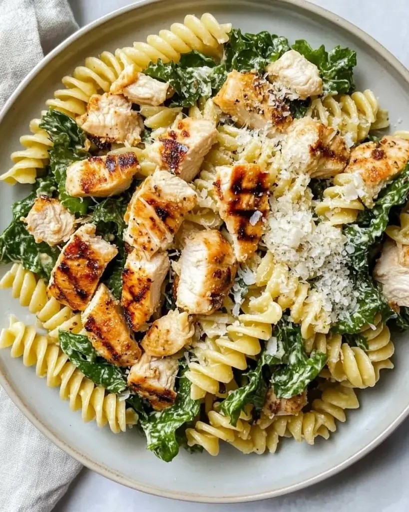 Delicious Kale Chicken Caesar Pasta Salad in a vibrant bowl