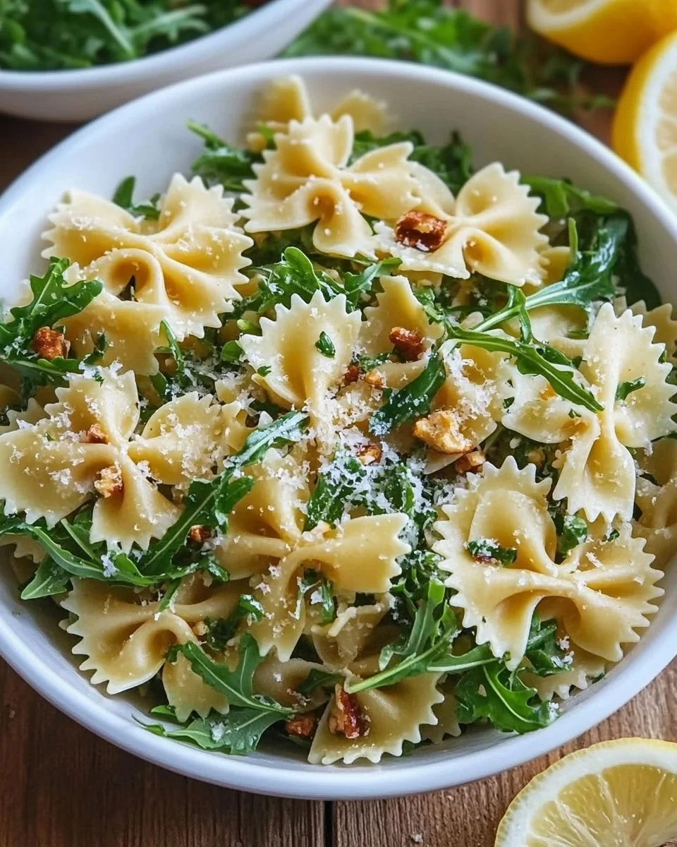 Fresh Lemon Arugula Pasta Salad served in a bowl with cherry tomatoes.