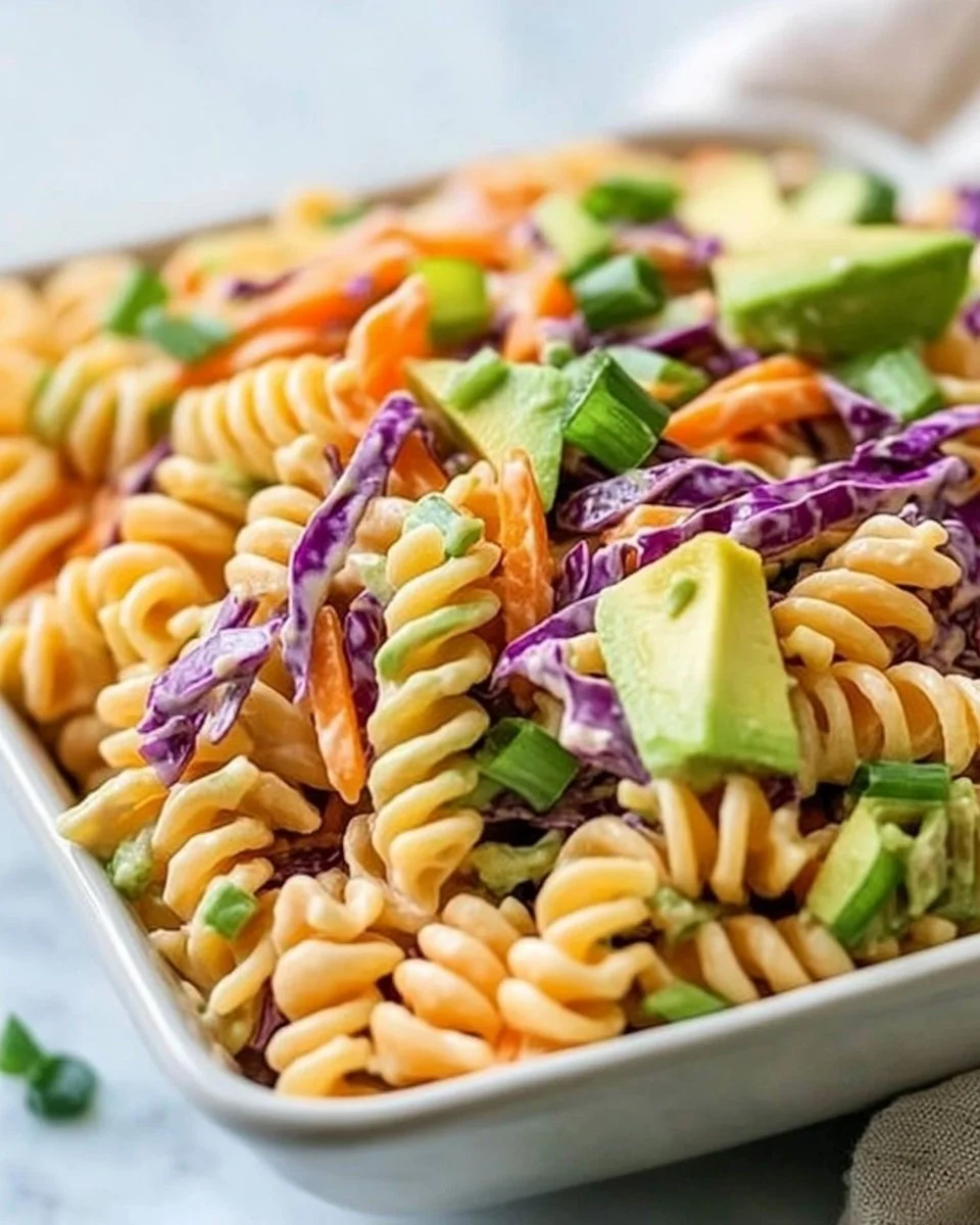 High protein Asian pasta salad with colorful vegetables and noodles