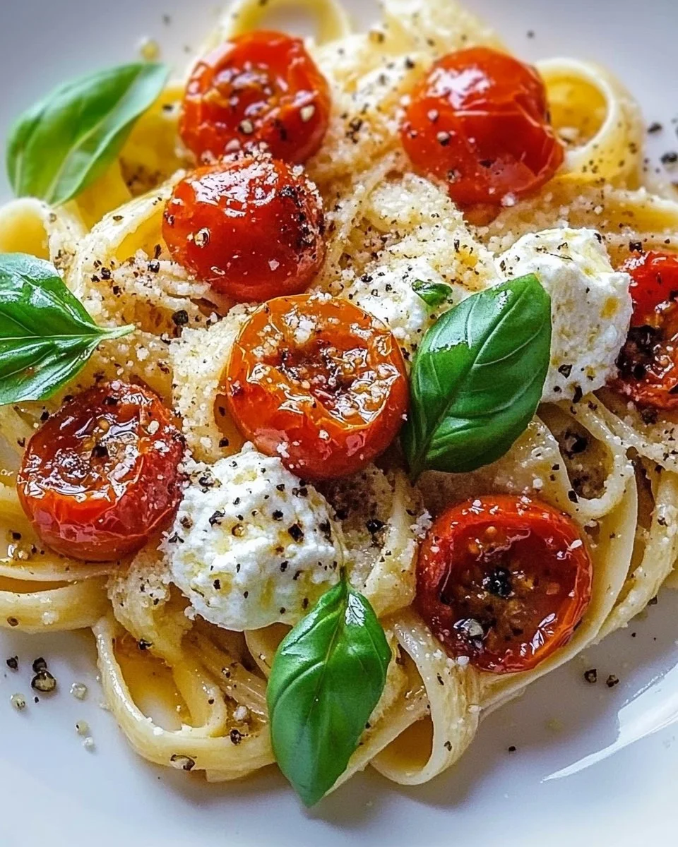 Roasted tomato and garlic ricotta pasta served in a bowl with fresh basil.