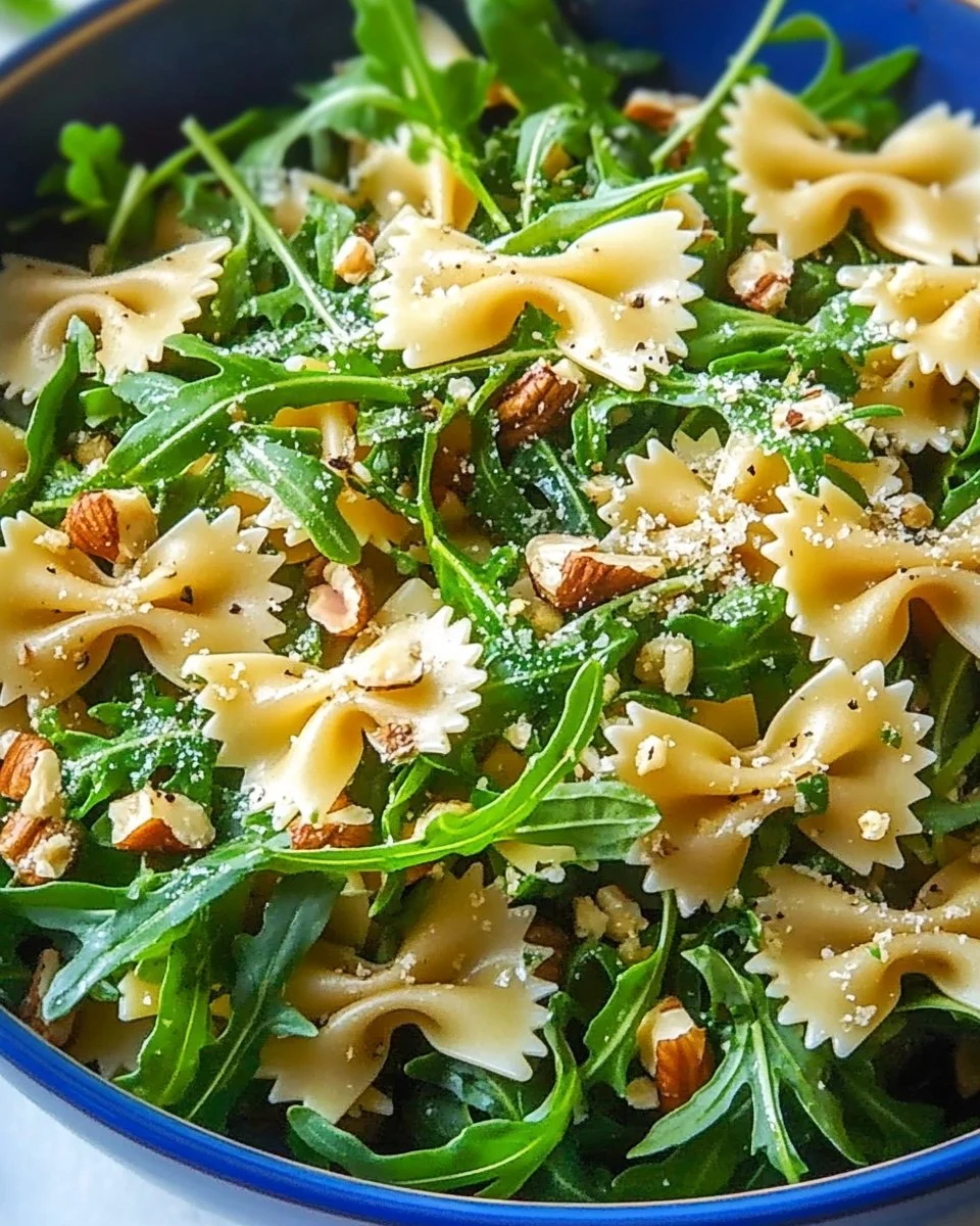 Tangy Lemon Arugula Pasta Salad with fresh ingredients in a bowl