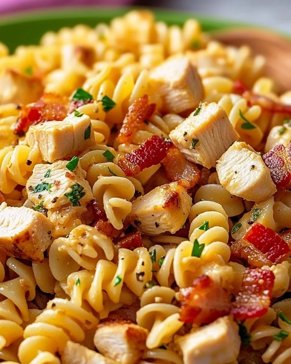 Tasty chicken pasta salad topped with Italian dressing and fresh vegetables.