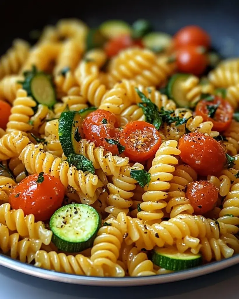 Delicious Tomato Zucchini Pasta with fresh ingredients in a bowl